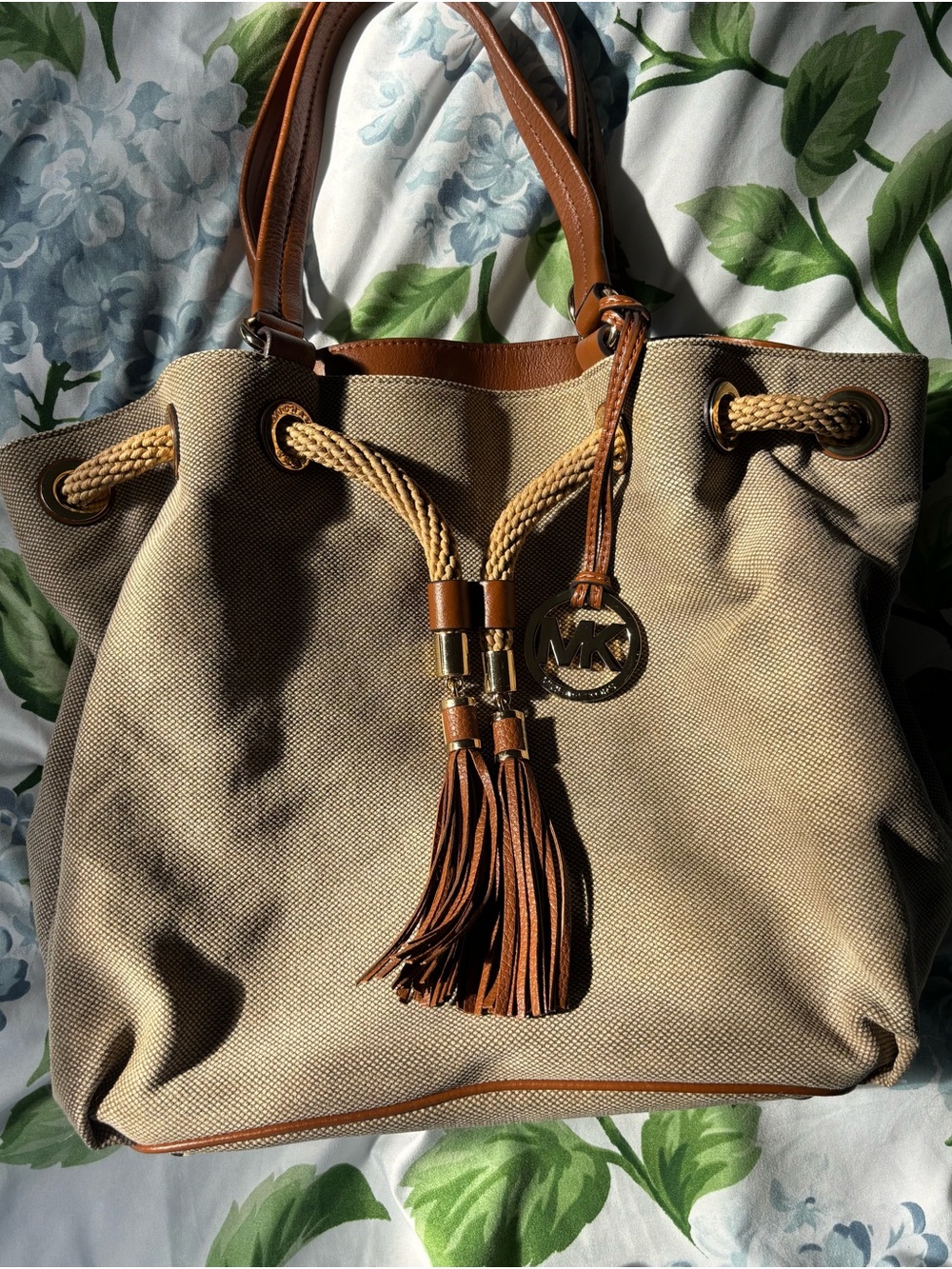 Michael Kors Beige Canvas Tote with Brown Leather Trim & Tassel